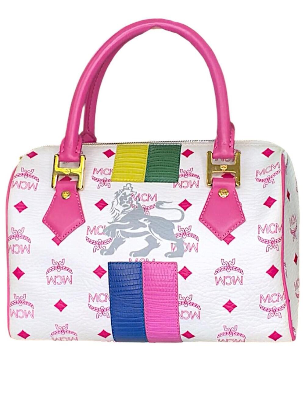 MCM White and Pink Visetos Leather Lion Boston Bag Satchel Top Handle Handbag